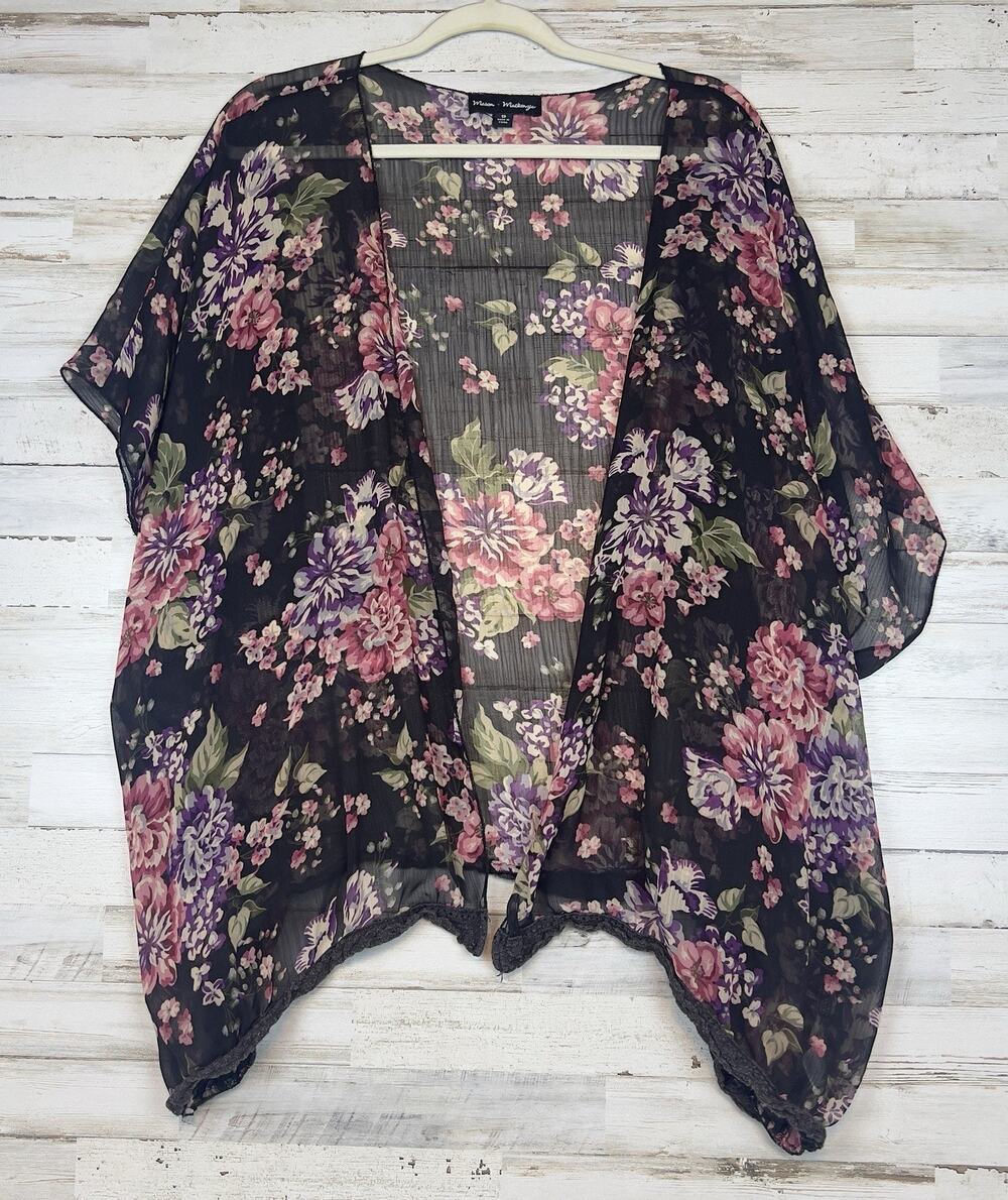 Mason + Mackenzie Womens S Black Floral Sheer Kimono Cardigan Crochet Boho